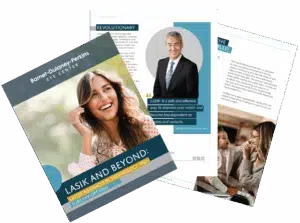 A collage of overlapping promotional brochures showing photos of smiling people and blocks of text.
