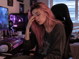 Tired gamer rubbing her eyes after late-night play, illustrating digital eye strain as one of the common eye twitching causes