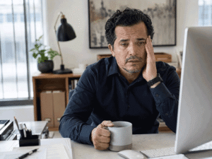 Tired man at his office desk with a coffee mug, illustrating lack of sleep as one of the common causes of eye twitching