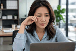 Woman touching her irritated eyelid at work, illustrating common eye twitching causes at Barnet Dulaney Perkins Eye Center