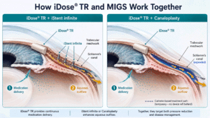 Diagram showing iDose TR® with iStent infinite and canaloplasty MIGS approaches at Barnet Dulaney Perkins Eye Center