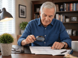 Senior man using a low vision handheld magnifier because of his retinitis pigmentosa.