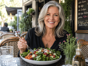 Senior woman eating a balanced diet after her retinitis pigmentosa diagnosis at Barnet Dulaney Perkins.