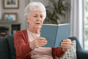 Senior woman having trouble reading because of her retinitis pigmentosa, diagnosed at Barnet Dulaney Perkins.