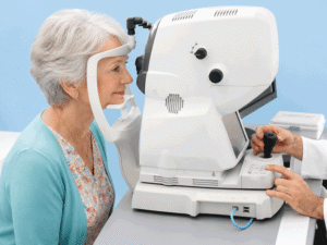 Senior woman undergoing a visual field test for retinitis pigmentosa at Barnet Dulaney Perkins.