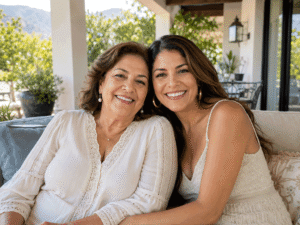 Senior Hispanic mother and adult daughter smiling together on a patio for the Barnet Dulaney Perkins Eye Center what are cataracts blog.