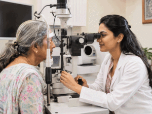 What are cataracts? An eye doctor performs a slit lamp exam on a senior patient at Barnet Dulaney Perkins Eye Center