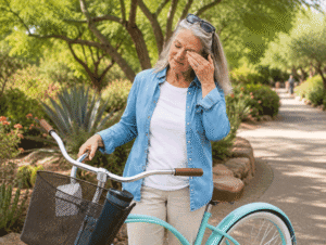 What are cataracts? A senior woman rubs her eye beside a bicycle in a shaded desert park
