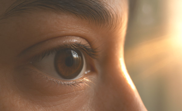 A realistic close-up photo of a dark brown eye in soft natural light, illustrating discussions about whether darker eye colors may carry a slightly higher cataract risk due to increased light absorption.