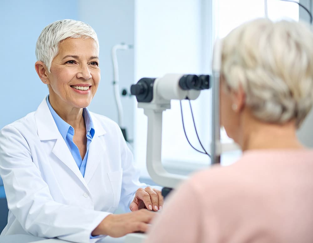 A close-up photo of an ophthalmologist in a white coat speaking with an older patient in a well-lit clinic about glaucoma causes and types.