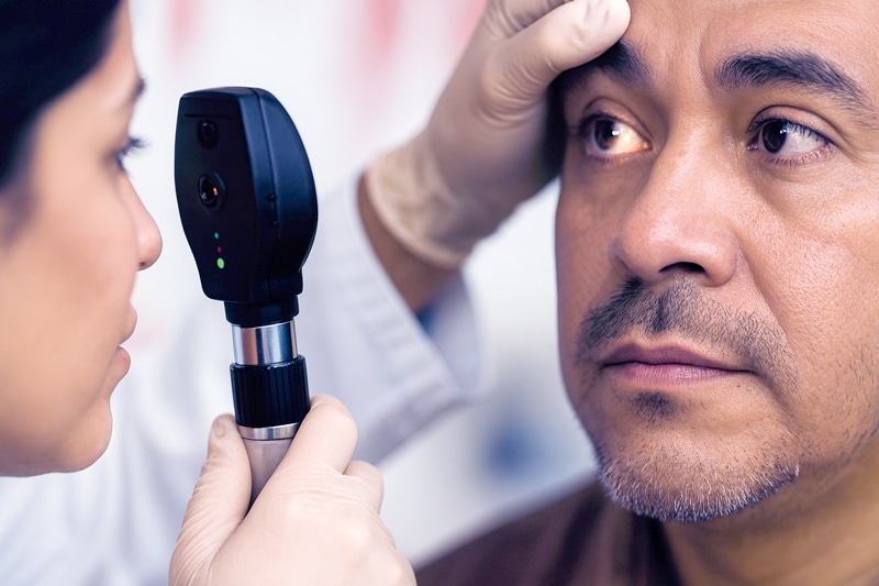 Close-up of an ophthalmic procedure illustration showing a tiny implant being placed inside the eye to help manage intraocular pressure in glaucoma patients.
