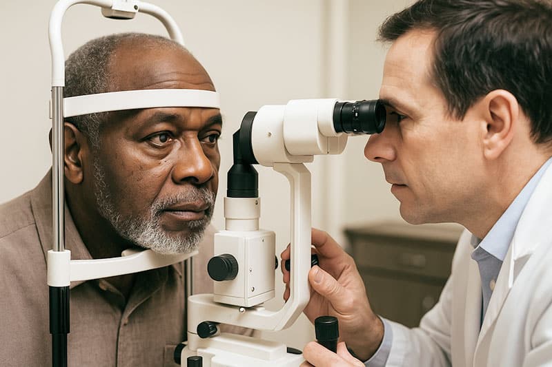 An African American man in his 60s is having his eyes examined by an eye doctor using a slit-lamp microscope in a medical office. The patient appears calm and cooperative as the doctor looks through the device. The image illustrates an eye exam for glaucoma in a professional clinical setting.