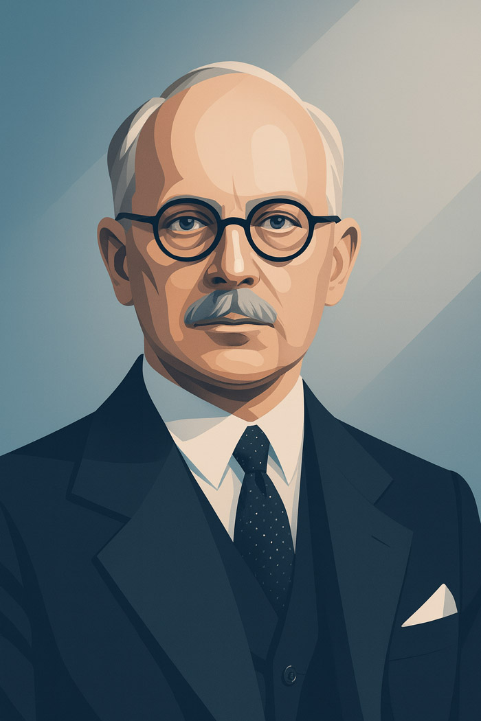 Art-deco inspired digital portrait of a distinguished older man with round glasses and a mustache, representing Harold Ridley, the pioneer of the intraocular lens.