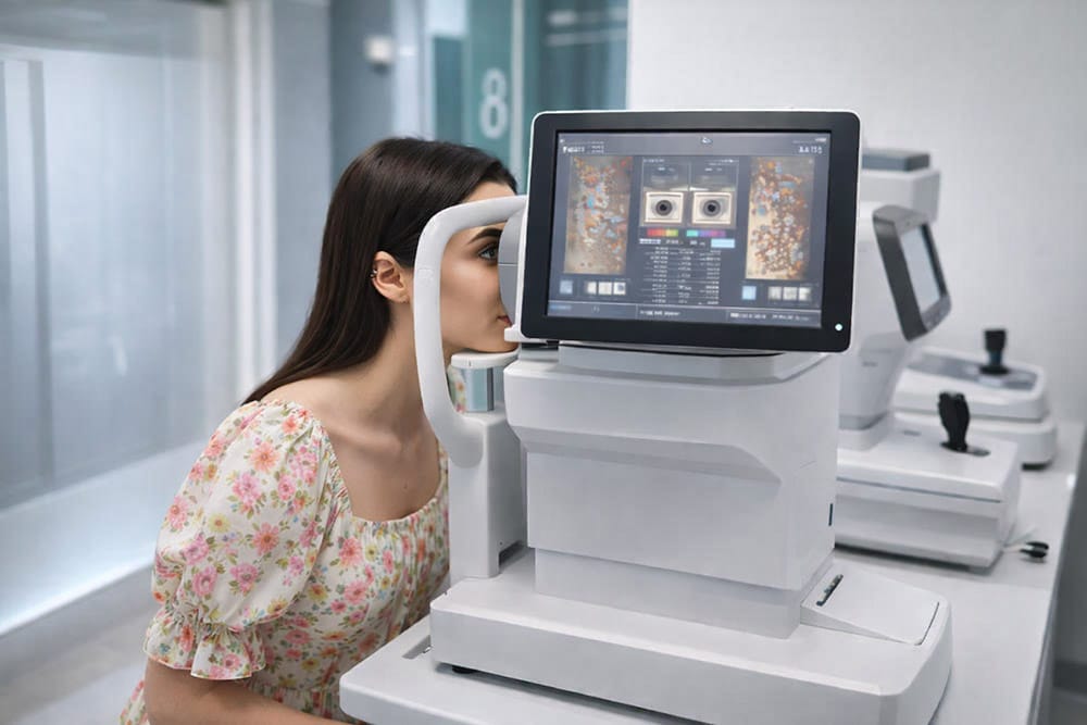 Woman using modern eye exam machine during vision correction evaluation at an eye clinic.