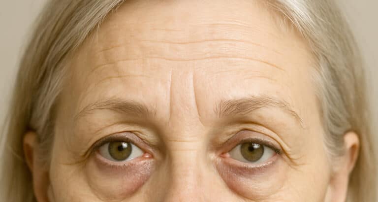A close-up portrait of an older woman with visible under-eye bags, dark circles, and sagging skin, highlighting age-related changes around the eyes.