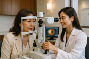 aqueous-deficient dry eye slit lamp examination with a senior Japanese woman in business casual and her eye doctor in an upscale modern exam room