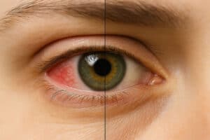 aqueous-deficient dry eye split close-up showing a red, irritated sclera on the left and a clear, healthy eye on the right