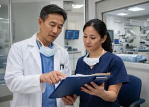 Surgical team going over chart of patient before surgery with best LASIK surgeon in Arizona at Barnet Dulaney Perkins