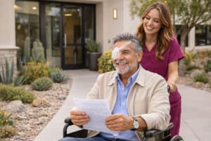 Cataract surgery recovery patient smiling in a wheelchair outside Barnet Dulaney Perkins Eye Center with an ocular shield after cataract surgery