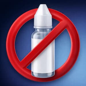 Modern no eye drops icon for cataract surgery recovery at Barnet Dulaney Perkins Eye Center with a realistic eye drop bottle inside a red prohibition symbol