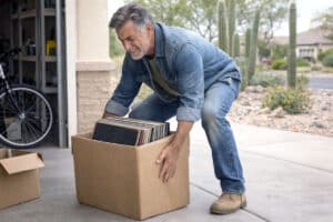 Senior man straining to lift a heavy box in his garage during cataract surgery recovery with desert landscaping outside.
