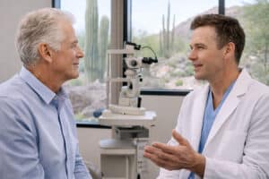 Cataract Surgery Recovery Timeline senior man discussing recovery with eye surgeon in a modern exam room, Barnet Dulaney Perkins Eye Center