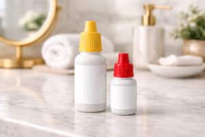 Cataract Surgery Recovery Timeline prescription eye drop bottles on a bathroom counter, Barnet Dulaney Perkins Eye Center