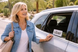 senior woman getting into a rideshare car, Barnet Dulaney Perkins Eye Center