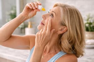 Cataract Surgery Recovery Timeline senior woman applying prescription eye drops, Barnet Dulaney Perkins Eye Center