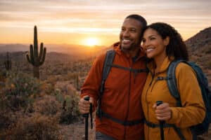 Couple hiking in the morning after finding the best LASIK surgeon in Arizona at Barnet Dulaney Perkins