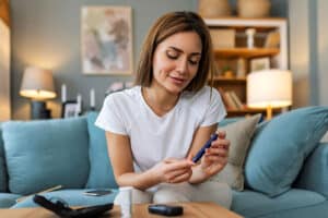 Woman practicing diabetic vision protection by checking her blood sugar at home