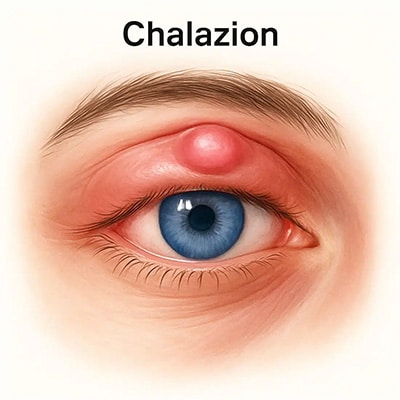 Medical illustration of an upper eyelid chalazion, showing a firm, pink bump that can contribute to eyelid pain and swelling.