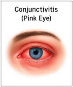 Medical illustration of an eye with conjunctivitis, showing redness, irritation, and inflammation that can contribute to eyelid pain.