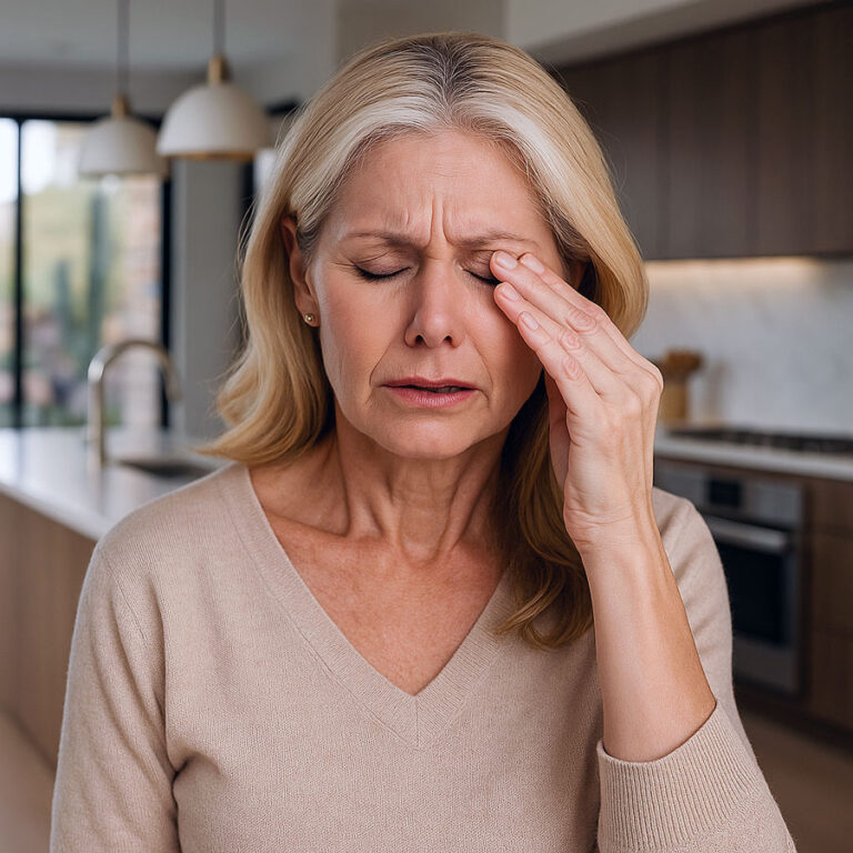 A stylish 55-year-old Scottsdale woman standing in a modern kitchen gently touching her irritated eyelid, showing discomfort from eyelid pain
