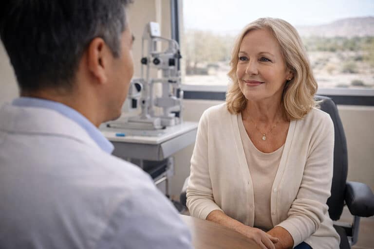 Older woman in her mid-60s talking with an ophthalmologist at Barnet Dulaney Perkins Eye Center about how to prepare for cataract surgery, seated in a modern sunlit exam room with desert landscape visible through the window.