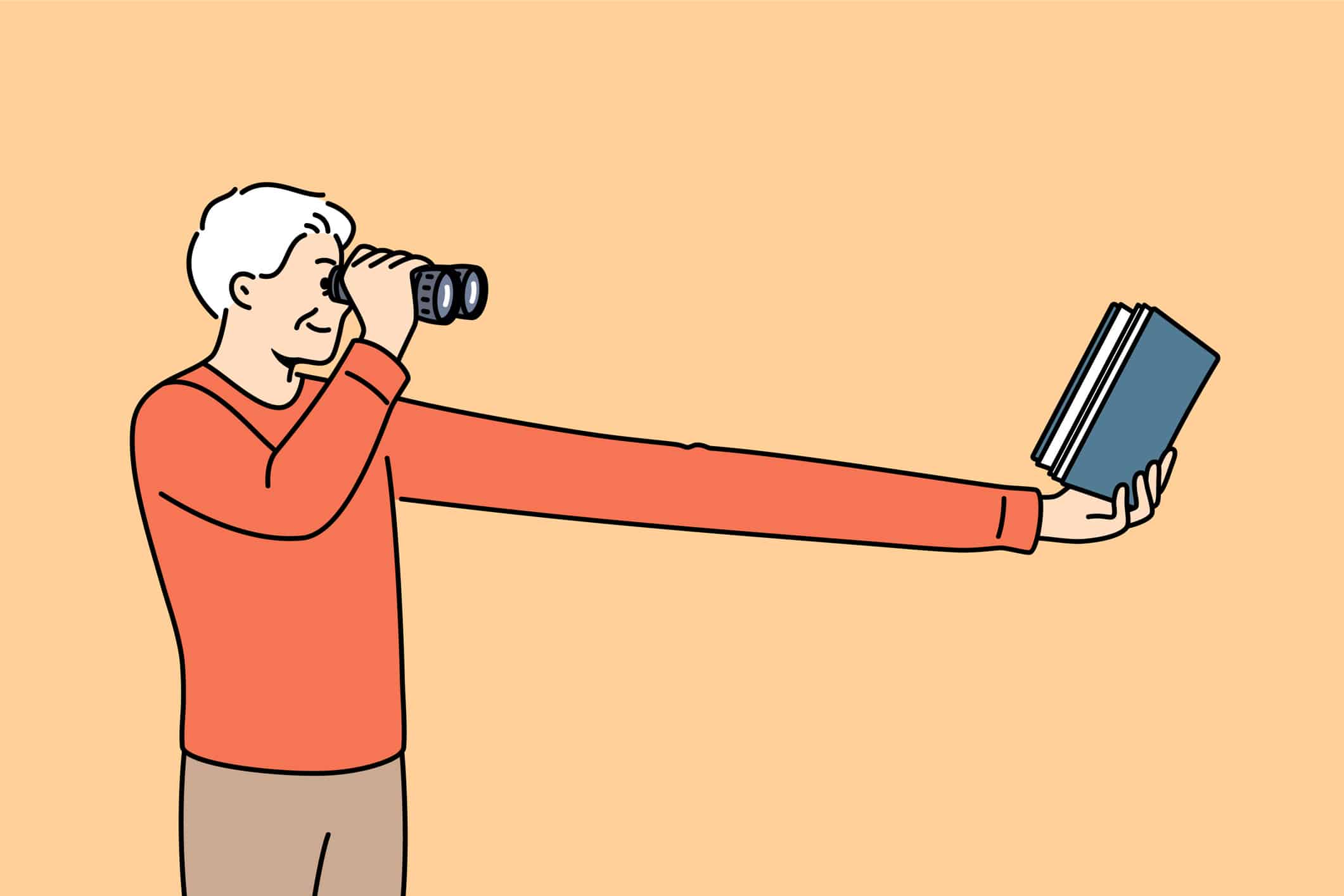 Cartoon of a person holding binoculars and a stack of books at arm’s length to see clearly, symbolizing farsightedness.