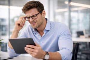 Man squinting with glasses because his perscription needs to be updated at Barnet Dulaney Perkins in Phoenix, Arizona.