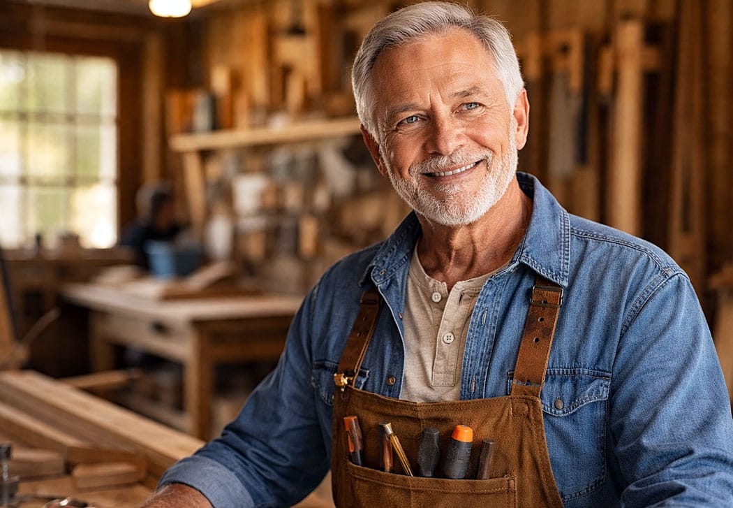 Senior man working in his woodshed again after Macular Hole treatment from Barnet Dulaney Perkins in Phoenix, Arizona.
