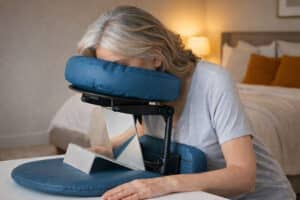 Senior women face down to stabilize gas bubble after retinal surgery recovery from Barnet Dulaney Perkins in Phoenix, Arizona.