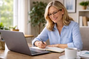 Senior woman doing research on eyelid cancer at M&M Eye Institute, in Prescott, Arizona.