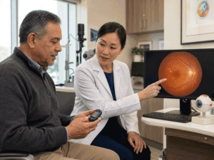 Barnet Dulaney Perkins Eye Center doctor reviewing a retinal image with a patient managing diabetic eye disease.
