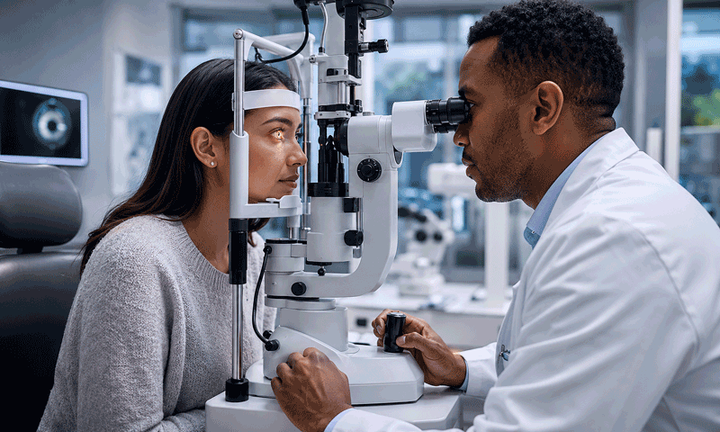 Barnet Dulaney Perkins Eye Center slit lamp exam showing a patient being evaluated for diabetic eye disease.
