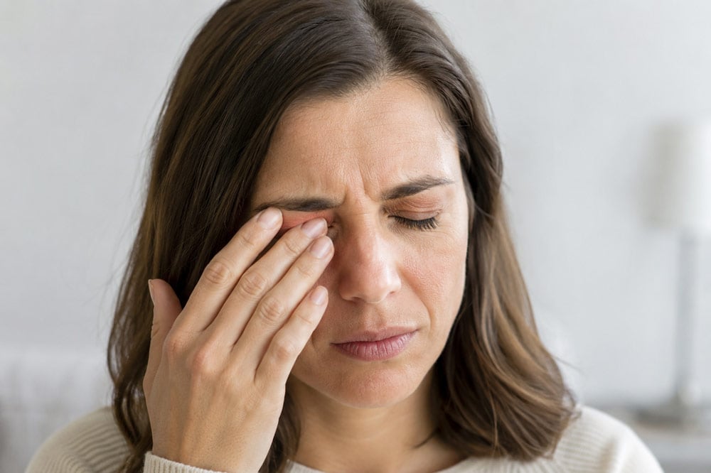 Woman gently holding her irritated eyelid while experiencing eye discomfort or eyelid pain.