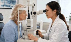 Barnet Dulaney Perkins chronic dry eye causes and treatments image of a 65-year-old woman undergoing a slit-lamp eye exam with an eye doctor.
