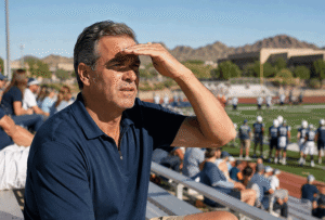 Barnet Dulaney Perkins chronic dry eye causes and treatments image of a 55-year-old man experiencing light sensitivity at a daytime high school football game in a Phoenix suburb.