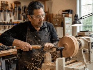 Barnet Dulaney Perkins Eye Center senior carpenter wearing protective eyewear while woodworking to help improve your vision naturally and prevent eye injury.