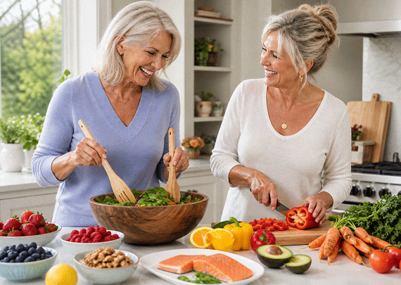 Two women making an eye-healthy lunch after learning about improve your vision naturally at Barnet Dulaney Perkins.