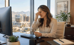 Barnet Dulaney Perkins chronic dry eye causes and treatments image of a 40-year-old woman experiencing digital eye strain while working in a Phoenix high-rise office.