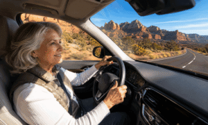Happy senior woman driving safely through Sedona, Arizona, illustrating how vision changes can affect older drivers.