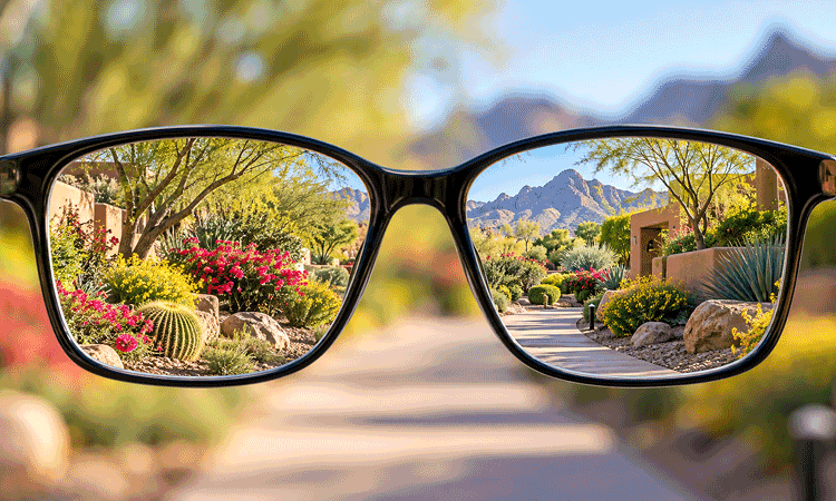 Prescription glasses showing clear vision against a blurry Arizona landscape for Barnet Dulaney Perkins Eye Center